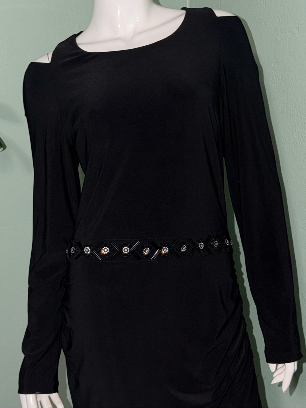 Laundry By Shelli Segal Black Long Sleeve Maxi Dress with Sequin Waist - Picture 3 of 12